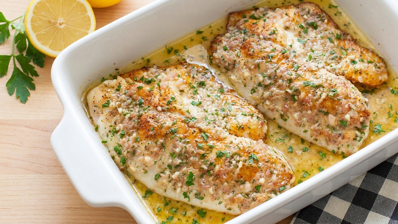 A white ceramic baking dish filled with baked tilapia fillets in a glossy garlic butter lemon sauce, topped with chopped parsley, on a light kitchen counter with a lemon half nearby