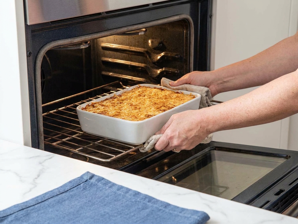 A white ceramic baking dish filled with crab dip being placed into an oven, mid-action