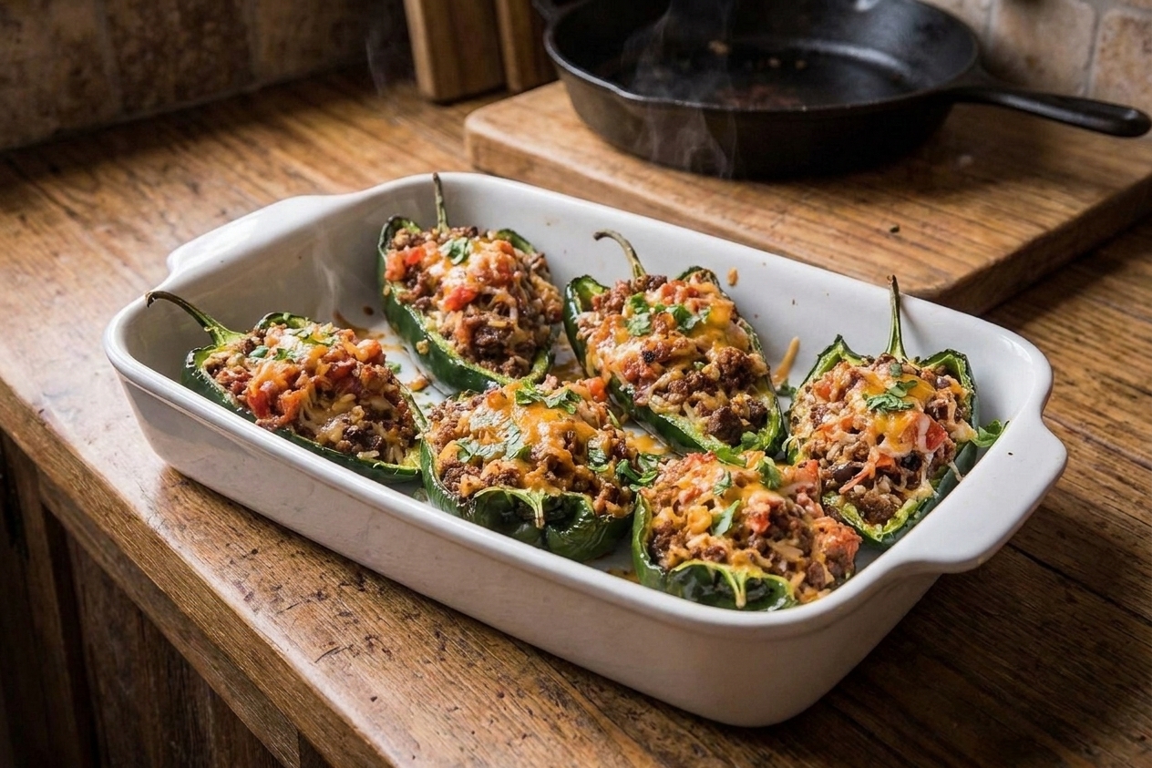 A white ceramic baking dish filled with roasted poblano peppers stuffed with beef and rice, topped with melted cheese and cilantro on a warm kitchen counter