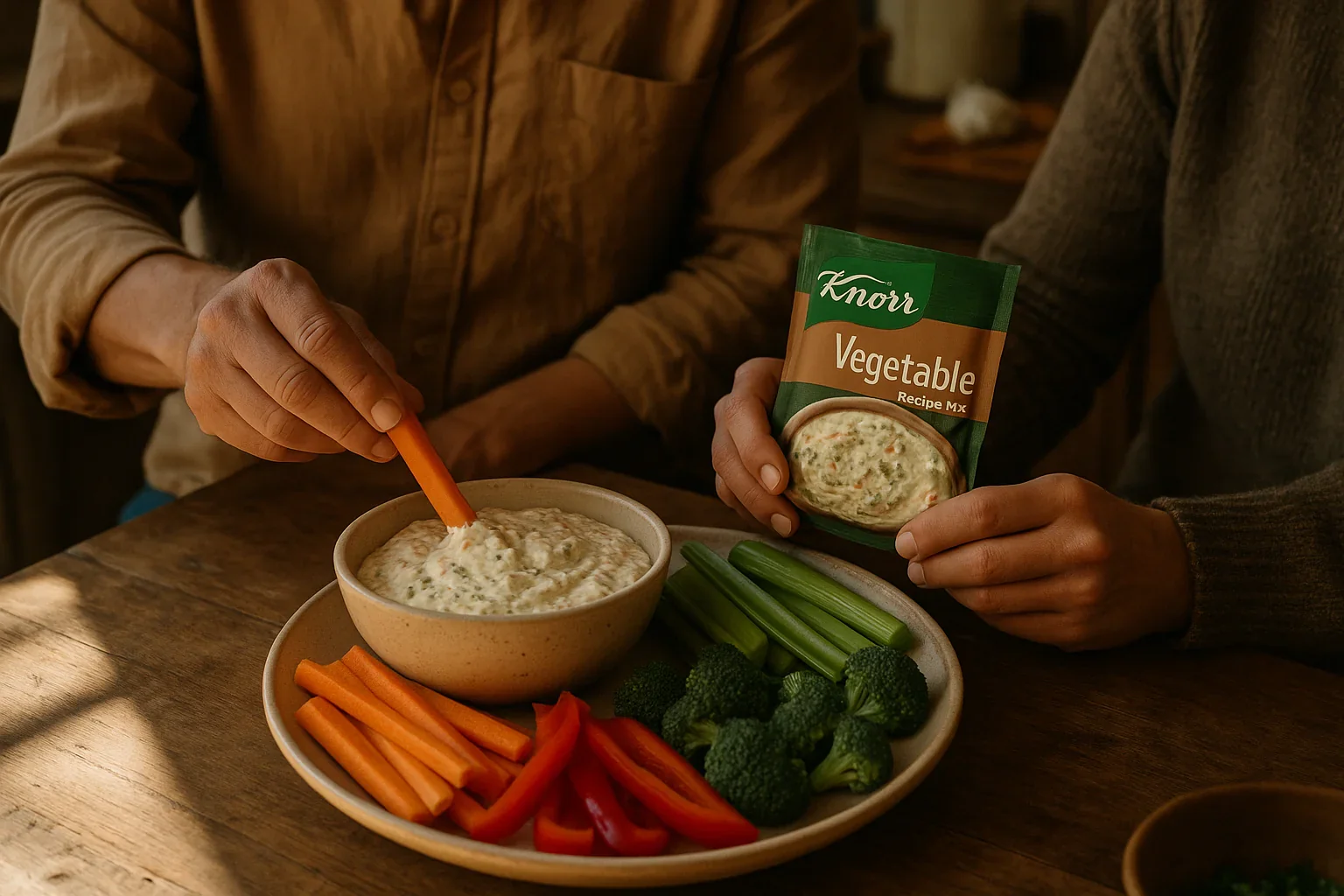 A white ceramic bowl filled with creamy Knorr vegetable dip, topped with chopped scallions, surrounded by ridged potato chips and fresh carrot sticks on a warm kitchen table