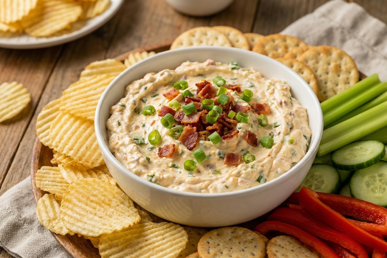 A white ceramic bowl filled with creamy cheddar bacon scallion cream cheese dip on a wooden table, surrounded by ridged potato chips, crackers, and sliced vegetables in warm natural kitchen light