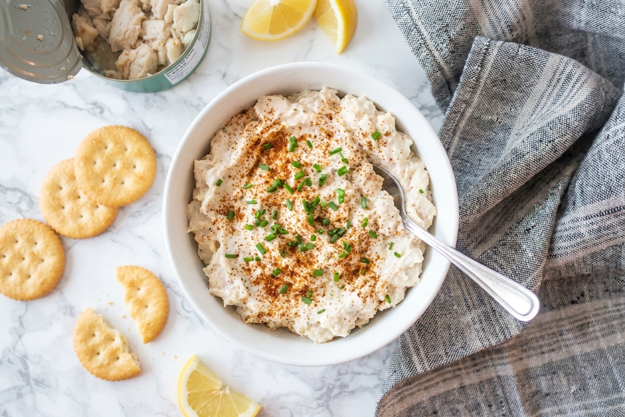 A white ceramic bowl filled with creamy cold crab dip topped with a sprinkle of Old Bay and chopped chives, surrounded by buttery crackers and lemon wedges on a bright kitchen counter
