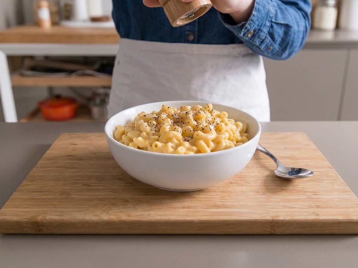 A white ceramic bowl filled with creamy crock pot mac and cheese, topped with cracked black pepper, sitting on a wooden table with a spoon beside it
