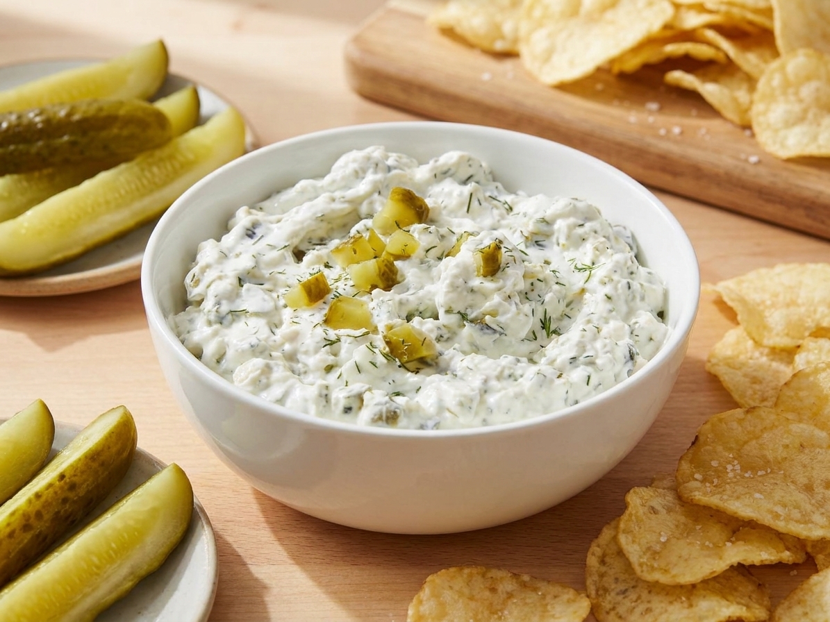 A white ceramic bowl filled with creamy dill pickle dip speckled with chopped pickles and fresh dill, set on a wooden table with potato chips and pickle spears nearby in natural kitchen light