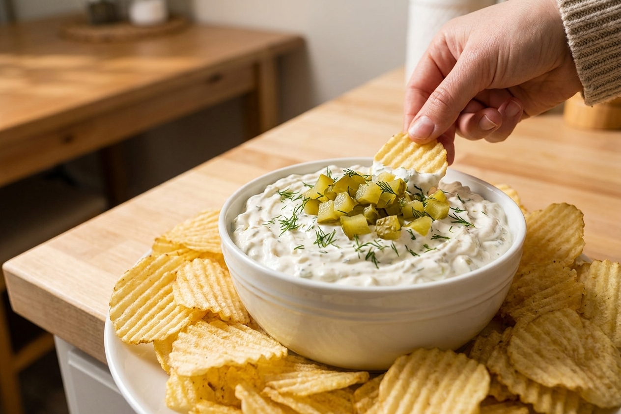A white ceramic bowl filled with creamy dill pickle dip, topped with chopped pickles and fresh dill, surrounded by ridged potato chips on a bright kitchen counter