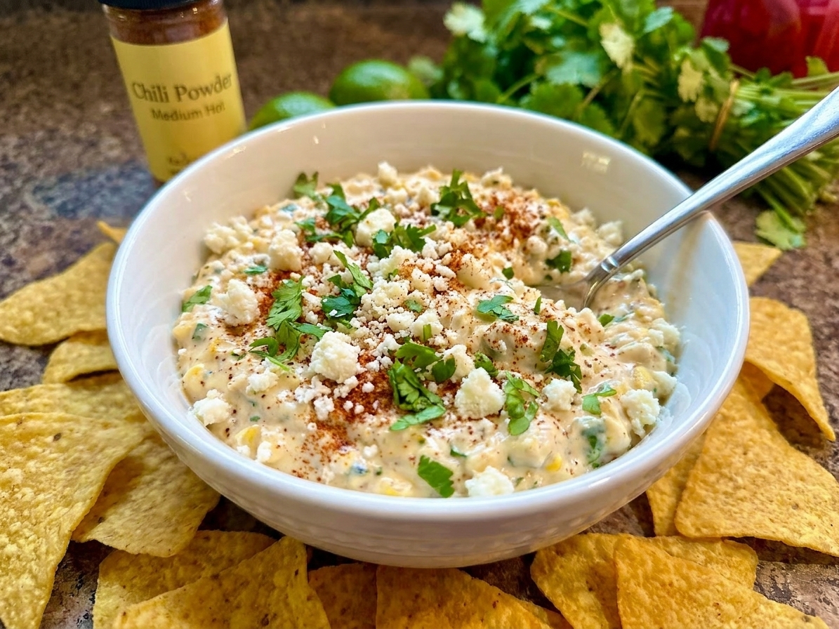 A white ceramic bowl filled with creamy elote dip topped with cotija cheese, chopped cilantro, and chili powder on a warm-toned kitchen counter with tortilla chips nearby