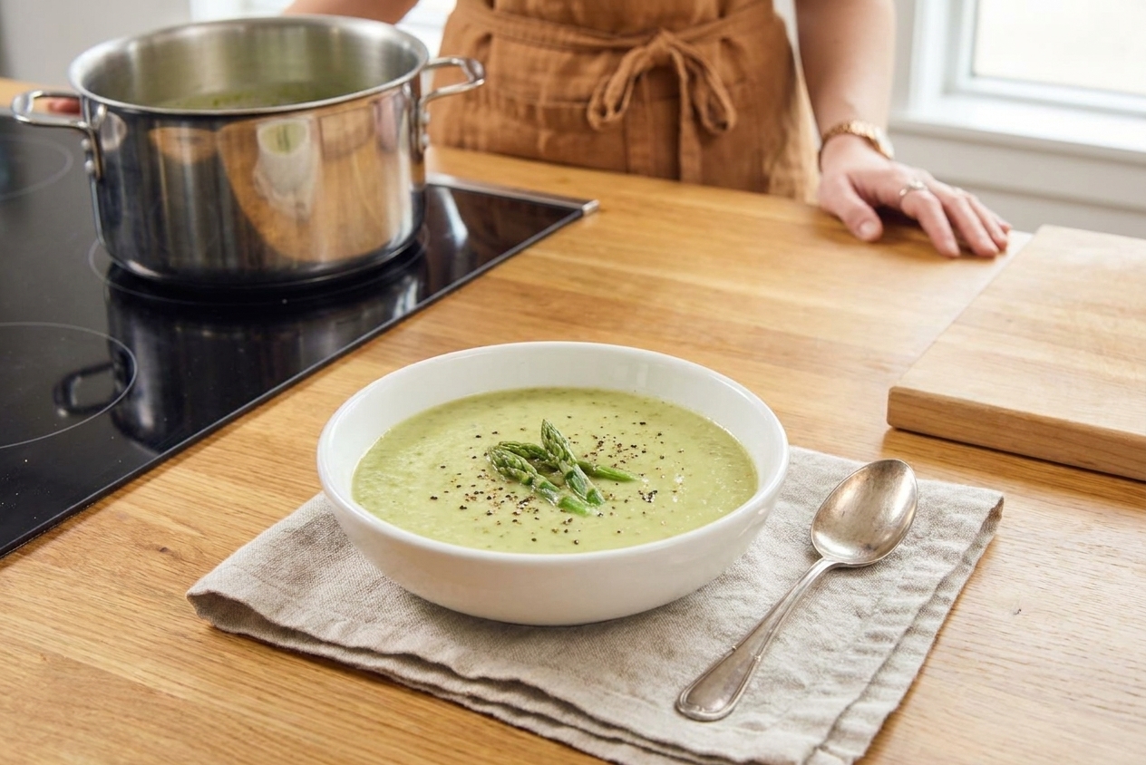 A white ceramic bowl filled with pale green cream of asparagus soup, topped with asparagus tips and cracked black pepper on a linen napkin beside a spoon on a warm kitchen table
