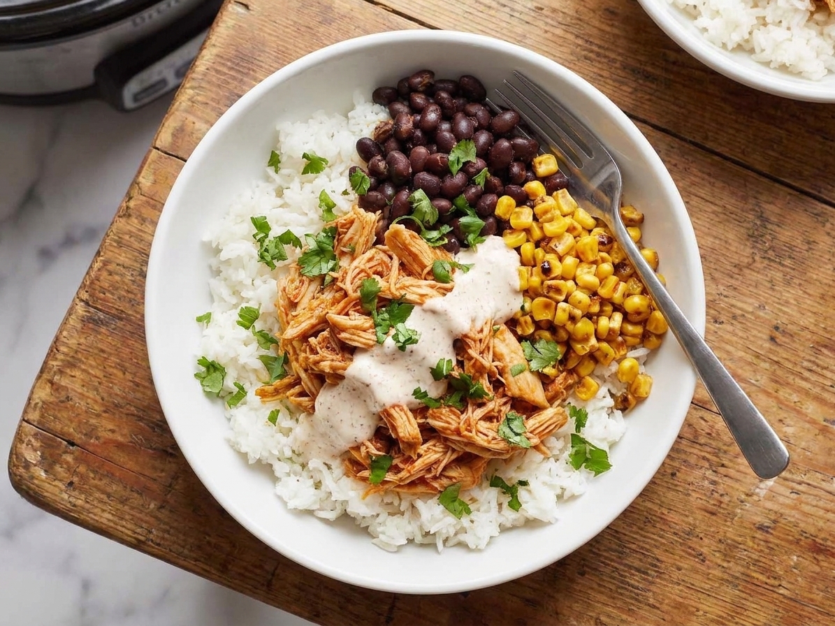 A white ceramic bowl filled with shredded slow cooker taco chicken, black beans, corn, and rice, topped with cilantro and a drizzle of creamy lime yogurt sauce on a wooden table in bright natural light