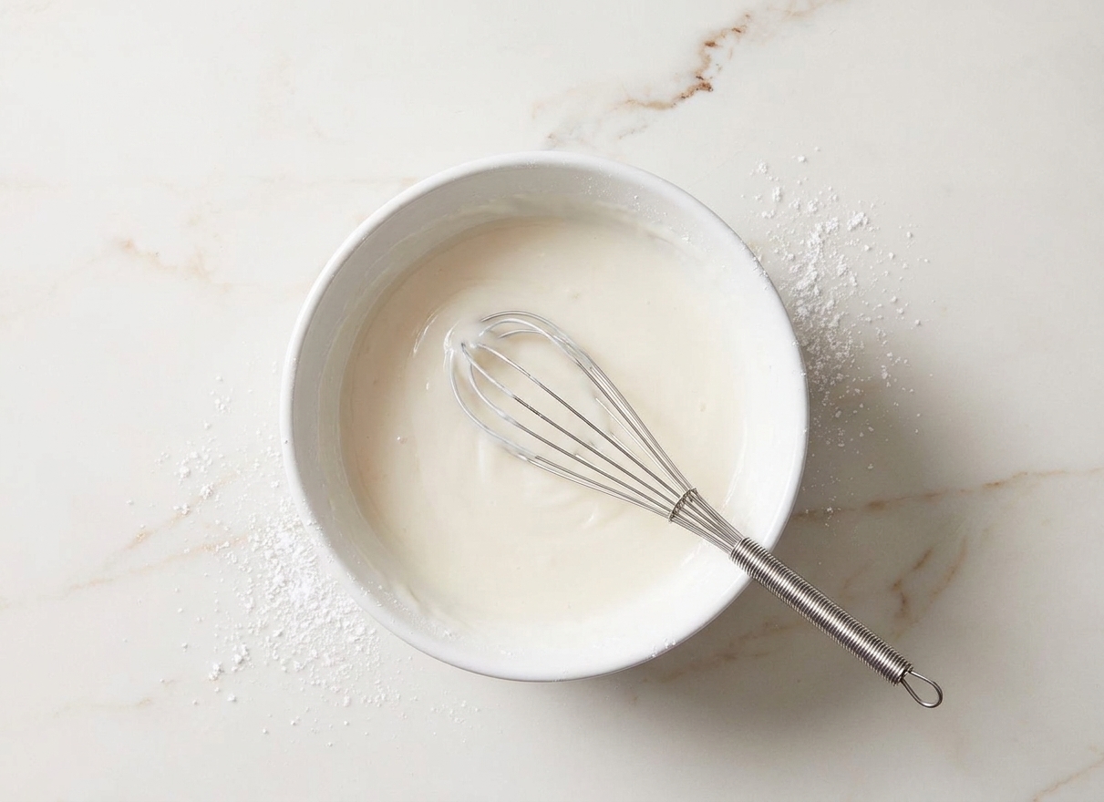 A white ceramic bowl of glossy powdered sugar frosting with a whisk resting inside on a light kitchen counter, soft natural window light