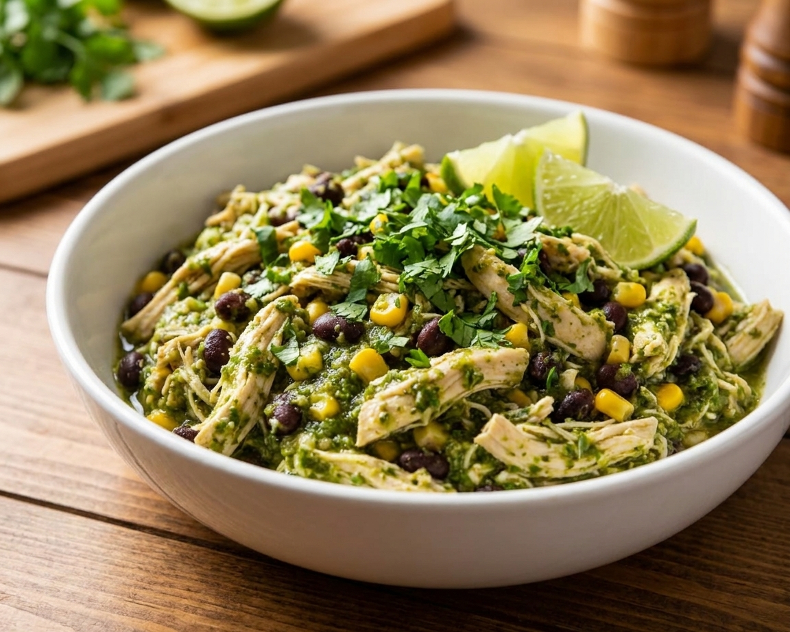 A white ceramic bowl of shredded salsa verde chicken with black beans and corn, topped with cilantro and lime wedges on a warm wood table
