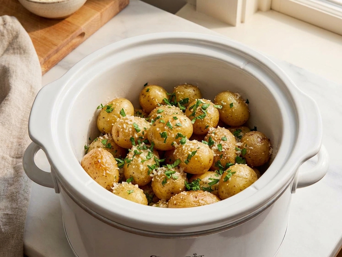 A white ceramic crock pot filled with tender baby potatoes coated in garlic butter and Parmesan, sprinkled with parsley on a light stone kitchen counter