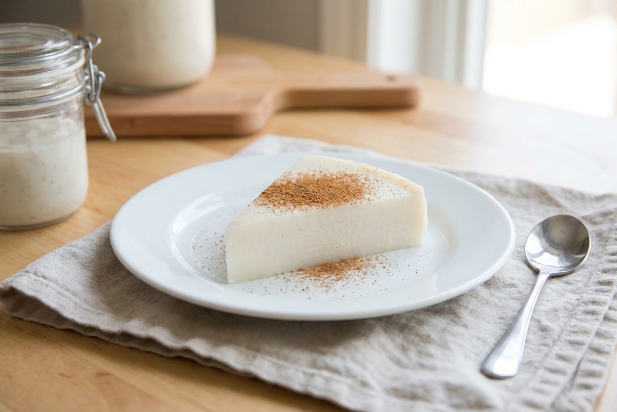 A white ceramic plate holding a neat slice of tembleque coconut pudding dusted with cinnamon, with a small spoon on a linen napkin on a warm kitchen table