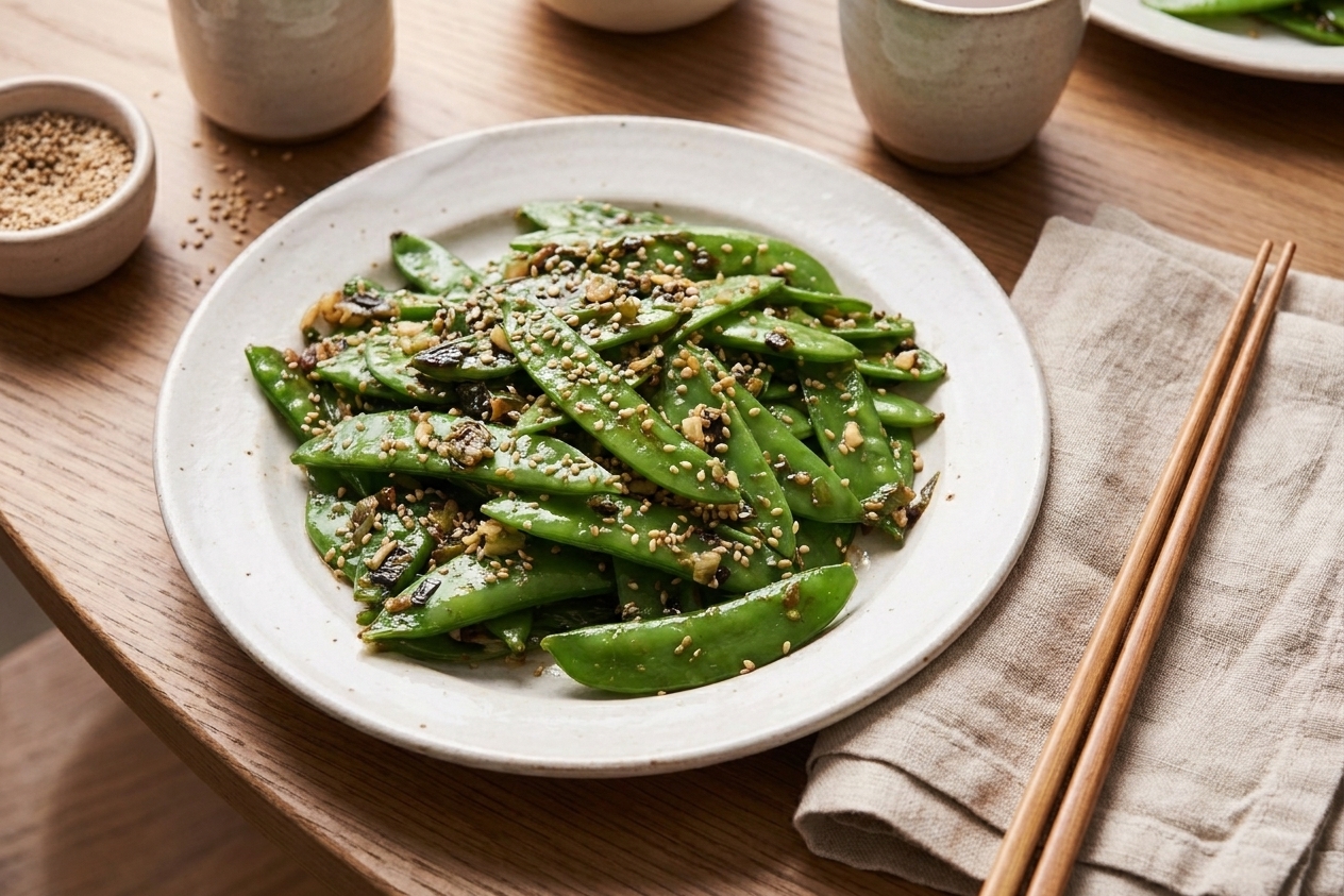 A white ceramic plate of garlic sesame snow peas sprinkled with toasted sesame seeds, set on a simple dinner table with chopsticks and a linen napkin