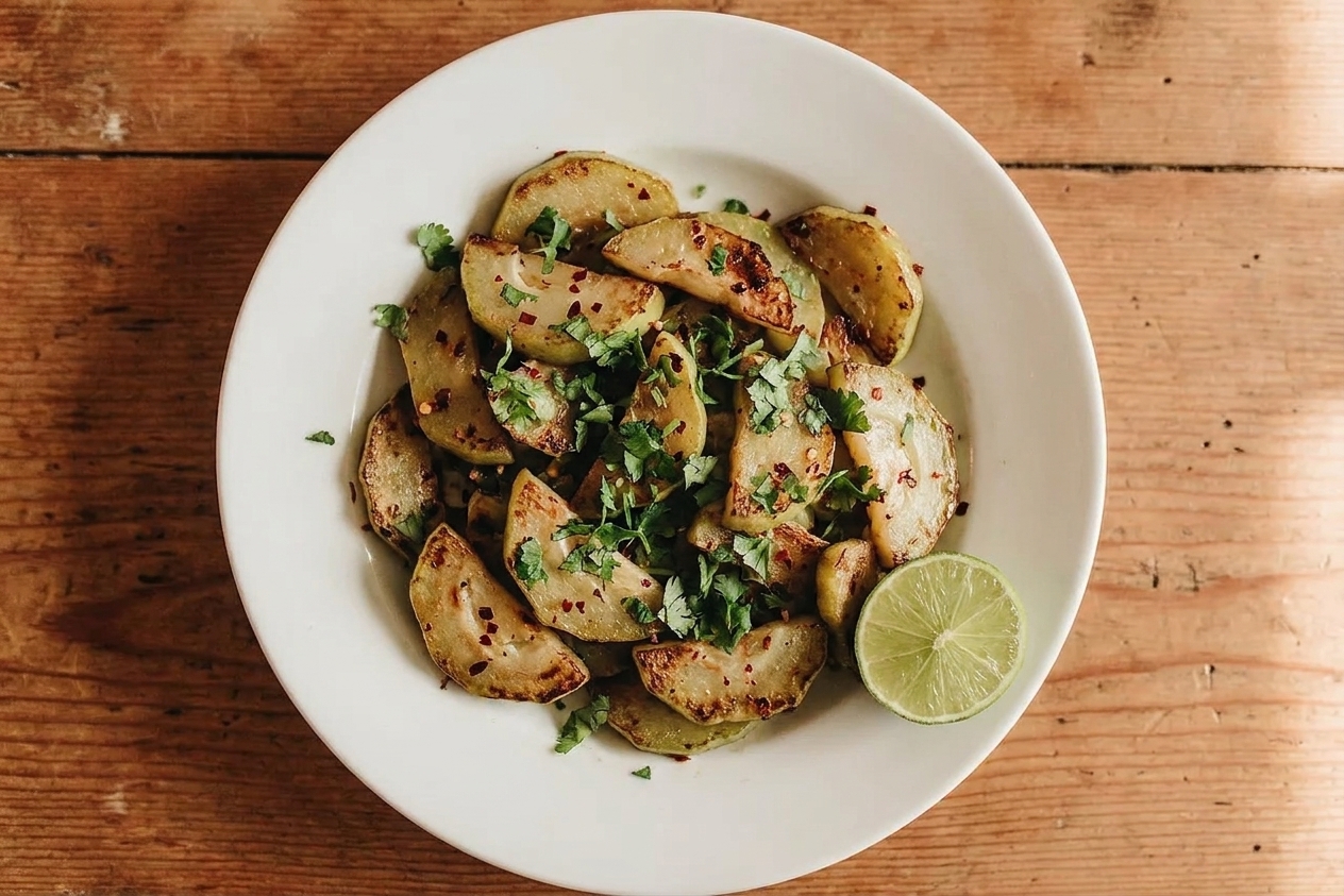 A white ceramic plate piled with sautéed chayote squash slices with browned edges, flecks of chili, and fresh cilantro, set on a warm-toned wooden table with a lime wedge