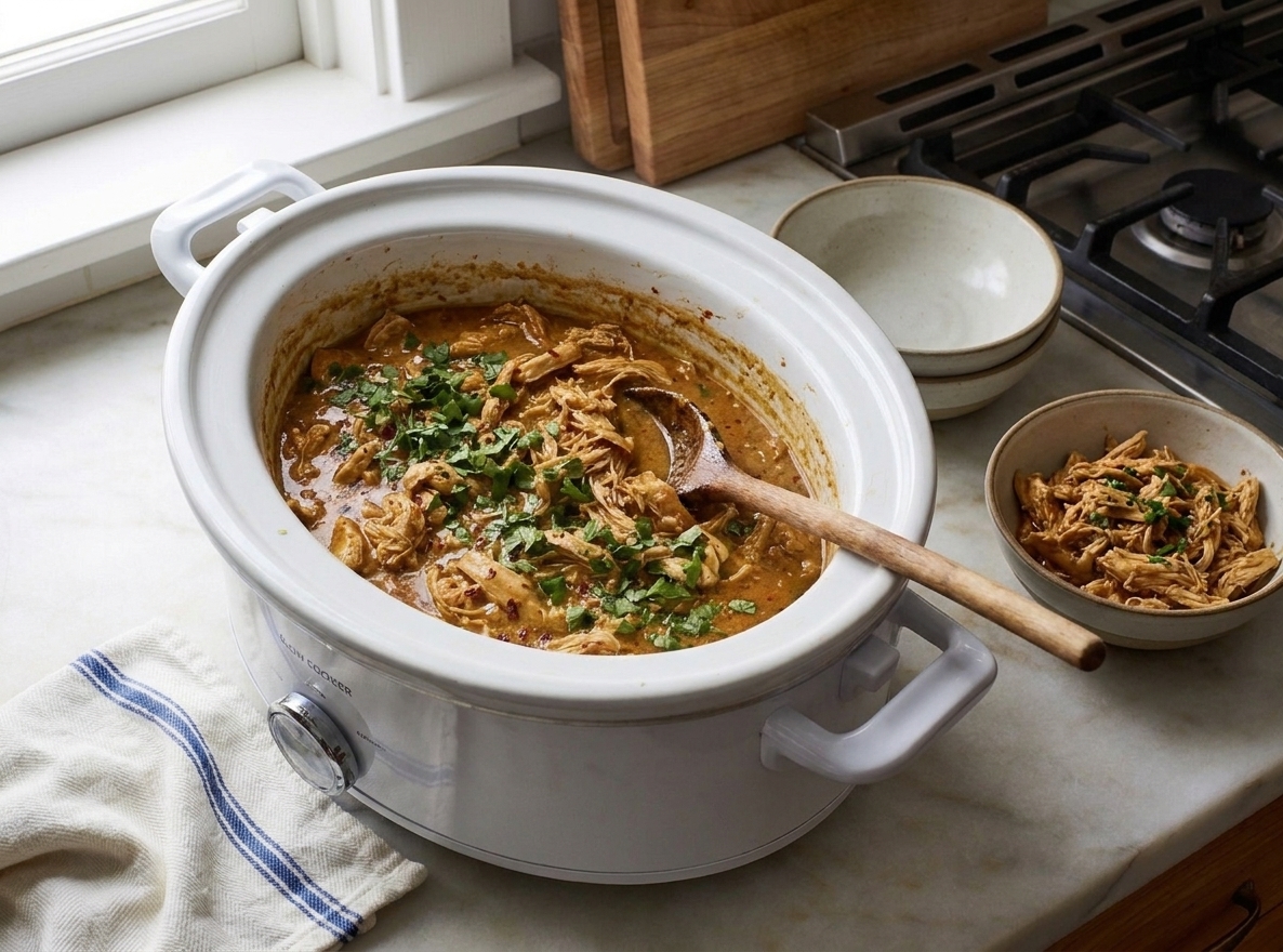 A white ceramic slow cooker on a warm kitchen counter filled with shredded chicken in a glossy sauce, with a wooden spoon resting nearby and simple bowls for serving
