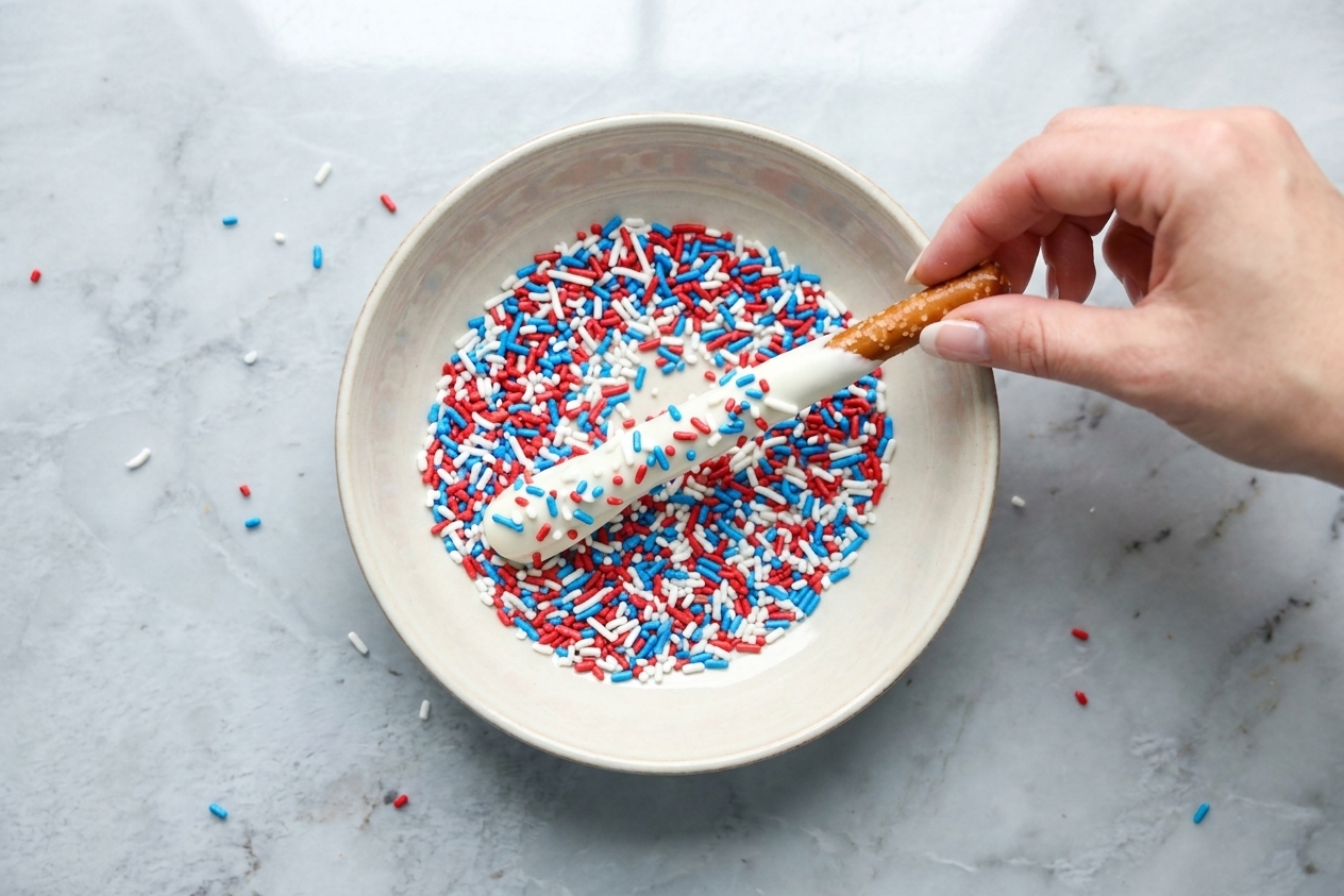 A white chocolate coated pretzel rod being rolled in a shallow bowl of red, white, and blue sprinkles