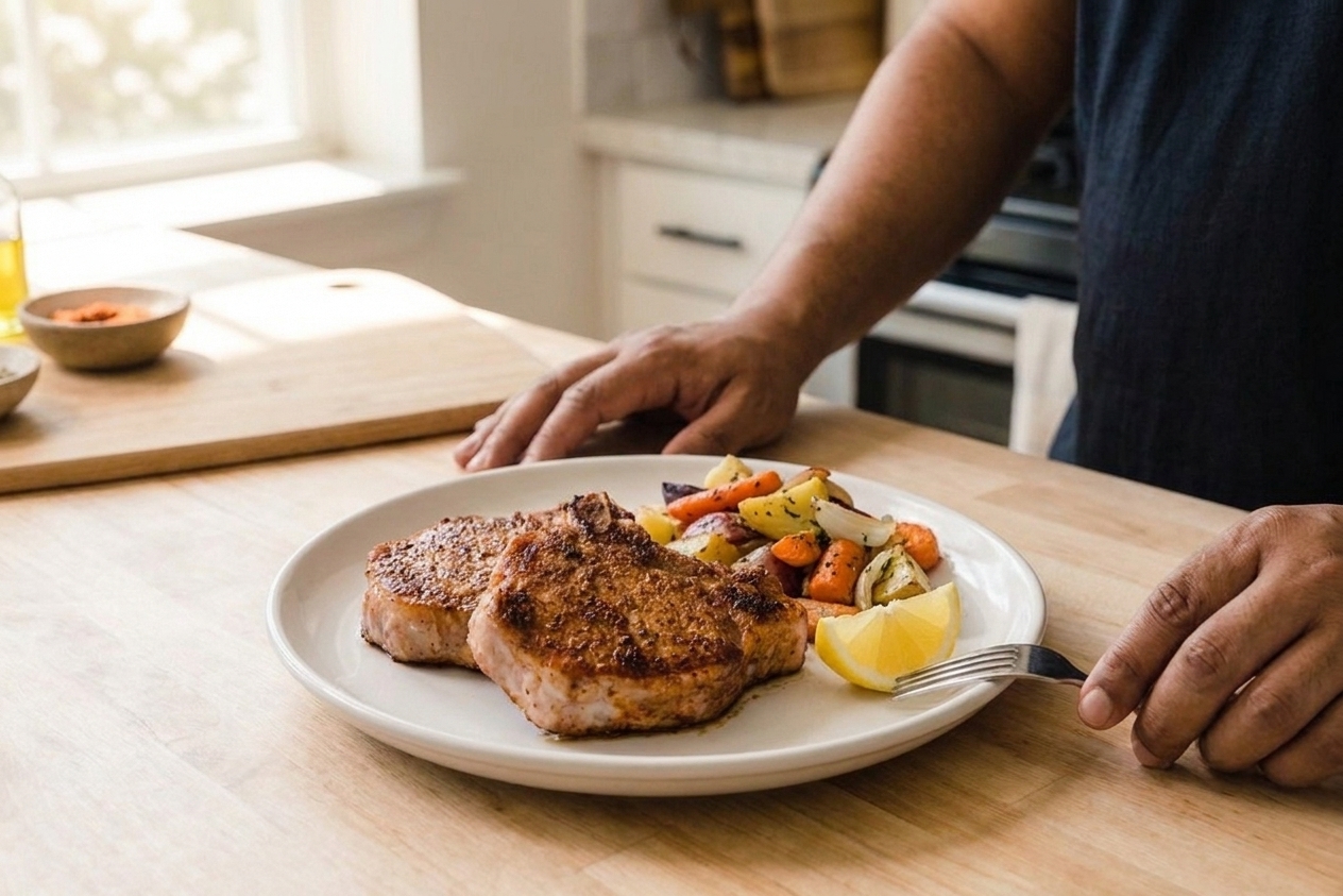 A white dinner plate holding two juicy baked pork loin chops with browned edges, a small pile of roasted vegetables, and a lemon wedge on a warm wood table, natural kitchen light