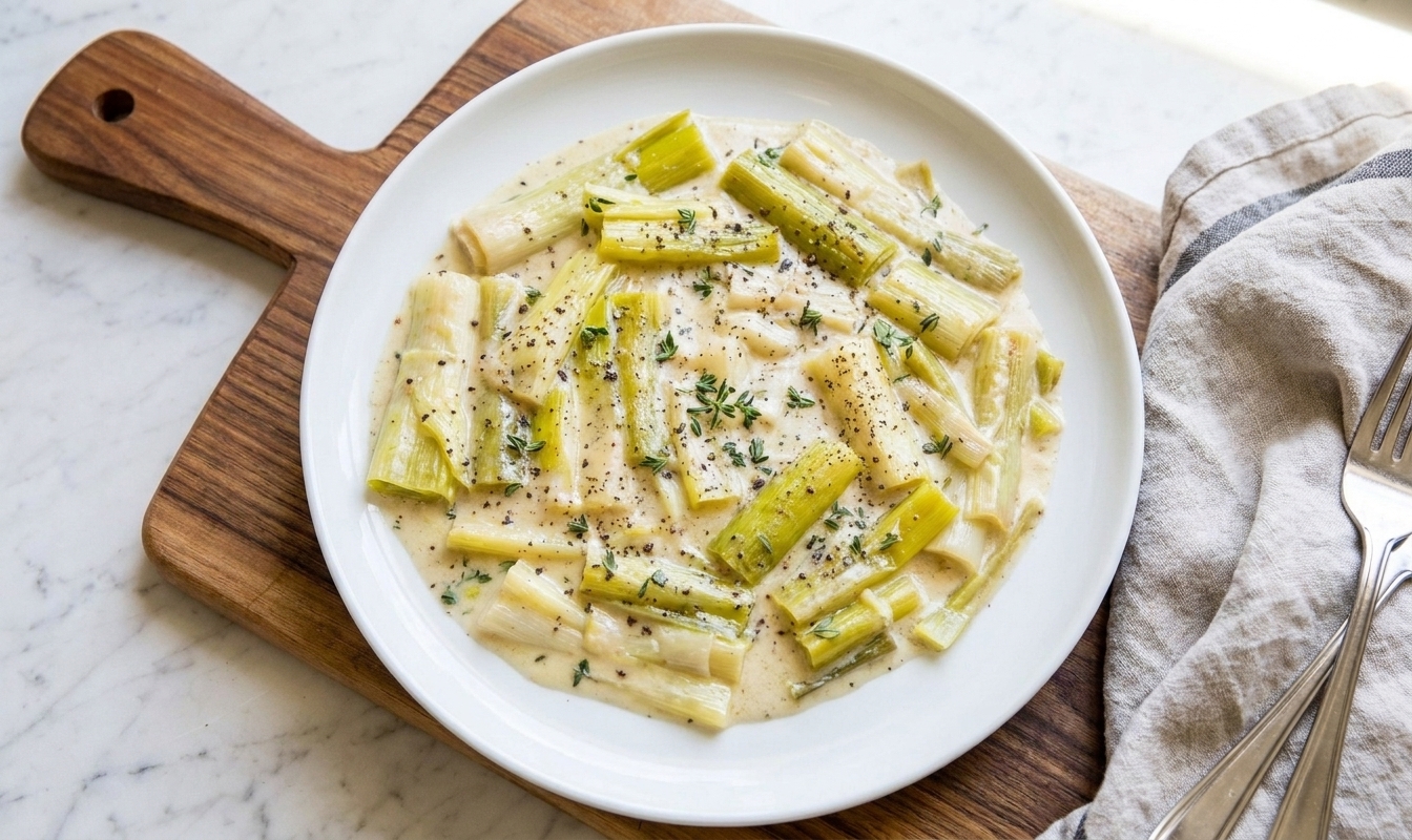 A white dinner plate with a serving of creamy buttered leeks topped with cracked black pepper and a few thyme leaves, set on a simple table setting