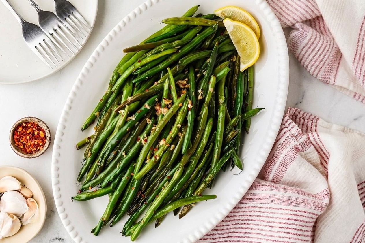 A white oval platter of sautéed green beans with golden garlic slices and a light lemon sheen