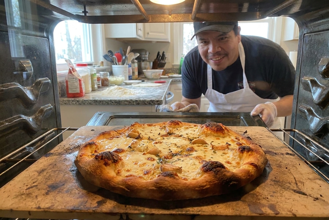 A white pizza baking on a pizza stone in a home oven with cheese bubbling and the crust turning golden