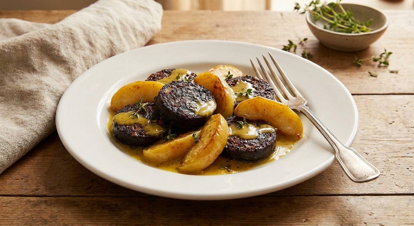 A white plate holding crisp black pudding slices and sautéed apples with a glossy mustard butter sauce on a wooden table with a fork and napkin