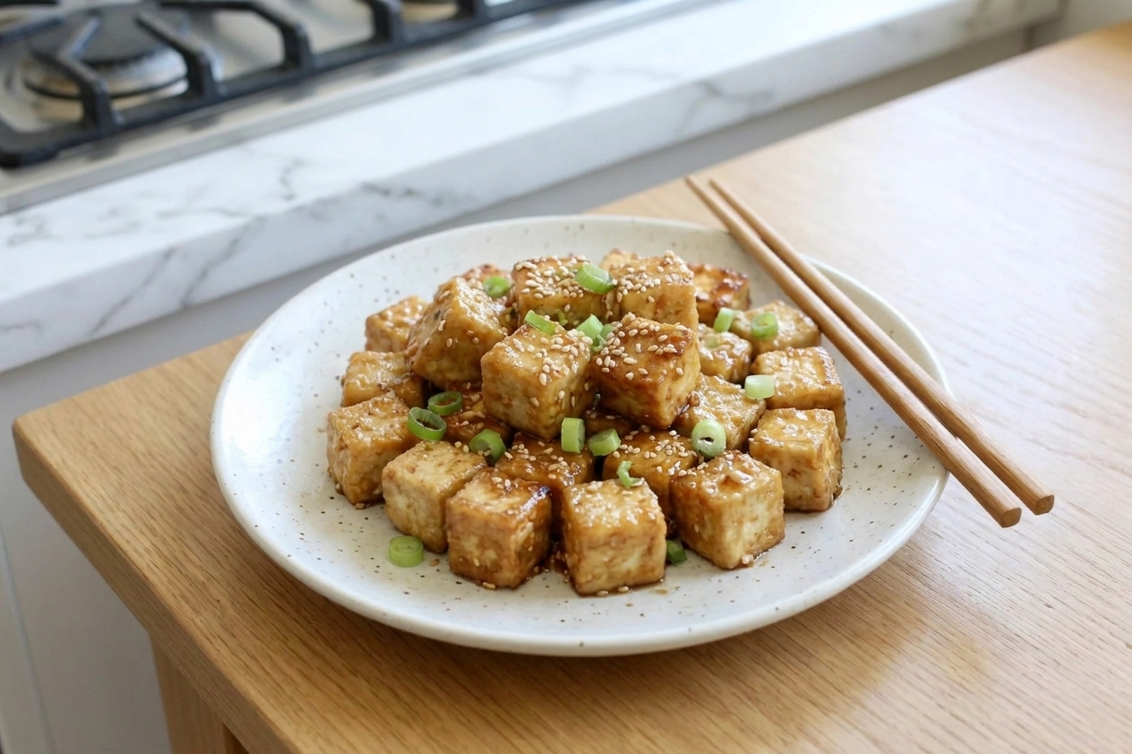 A white plate of crispy golden-brown tofu cubes coated in a glossy garlic soy glaze, topped with sliced scallions and sesame seeds on a wooden dining table with chopsticks nearby