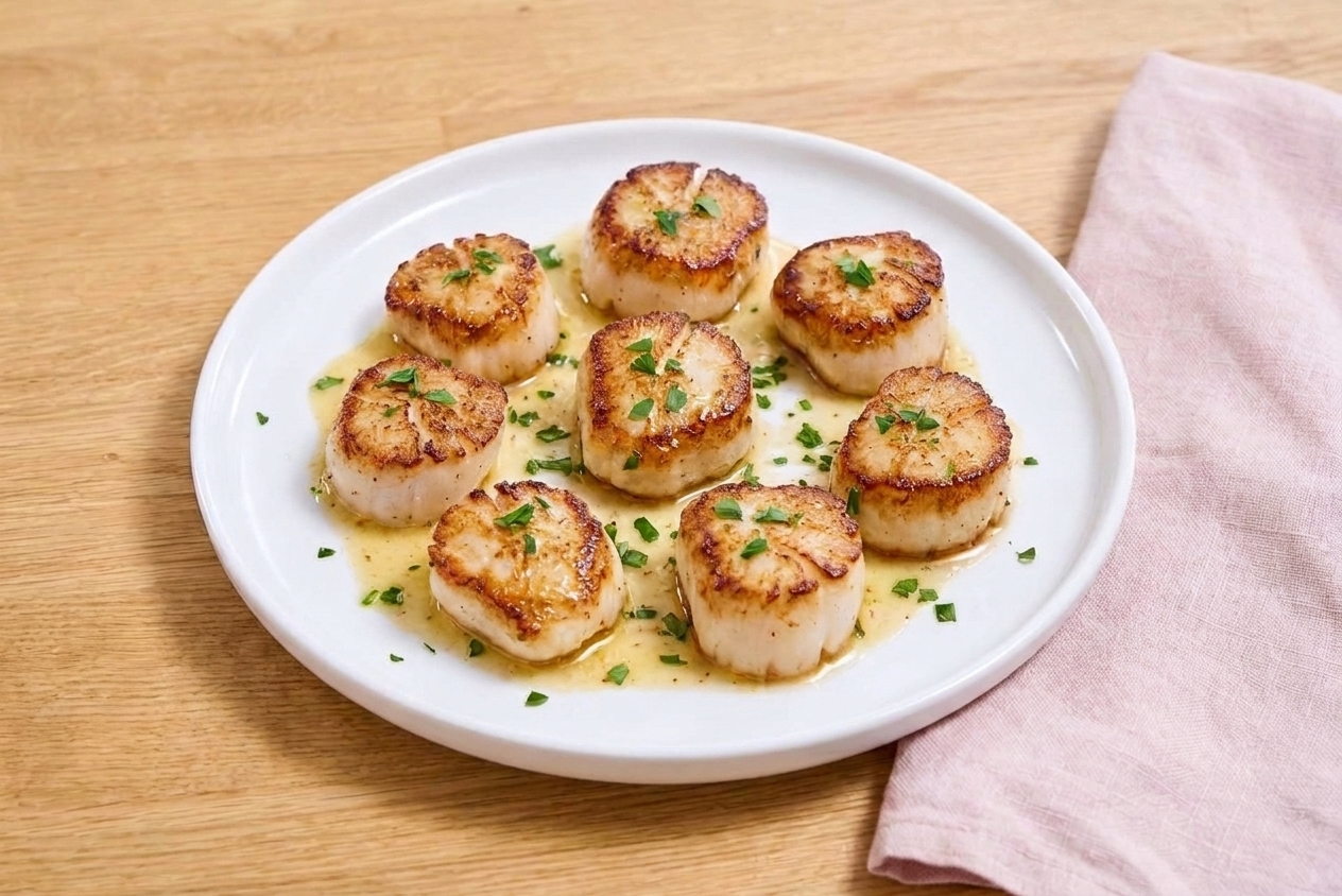 A white plate of pan-seared sea scallops with a deep golden crust, spooned with glossy lemon butter sauce and scattered parsley on a neutral linen table setting