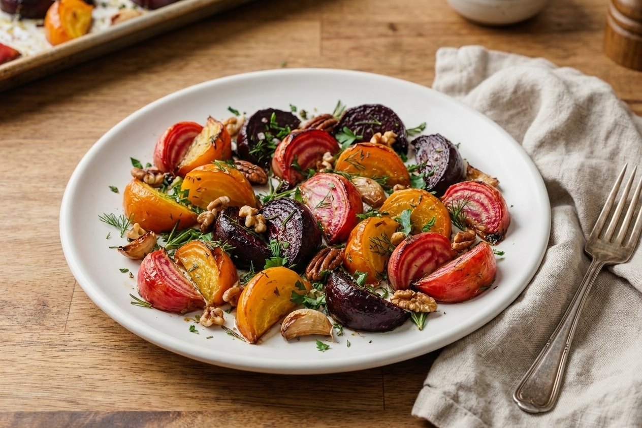 A white plate of roasted beetroot wedges topped with chopped herbs and toasted nuts on a simple dinner table setting
