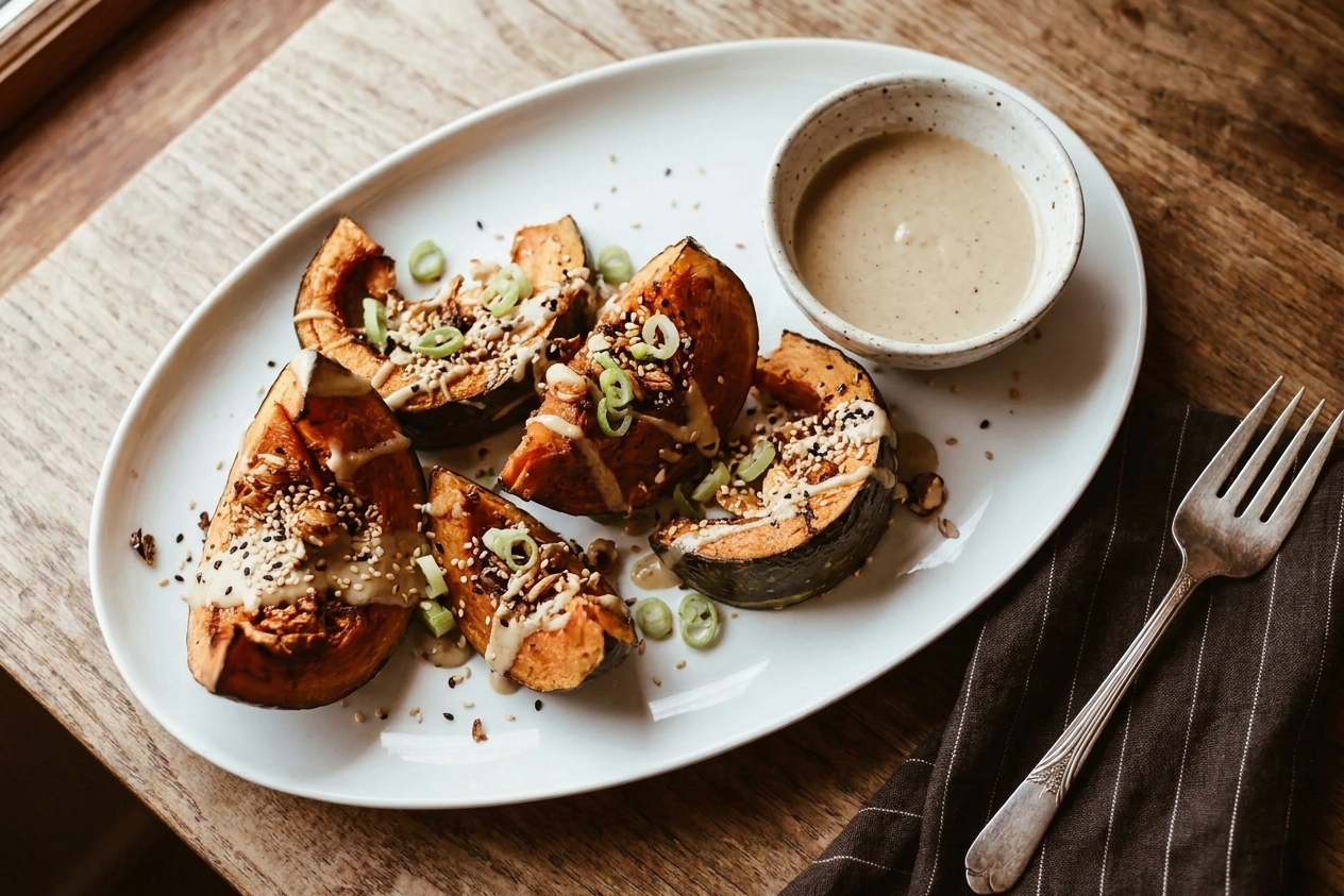 A white plate of roasted kabocha squash wedges topped with sesame seeds and scallions, with a small bowl of extra sauce on a simple table setting