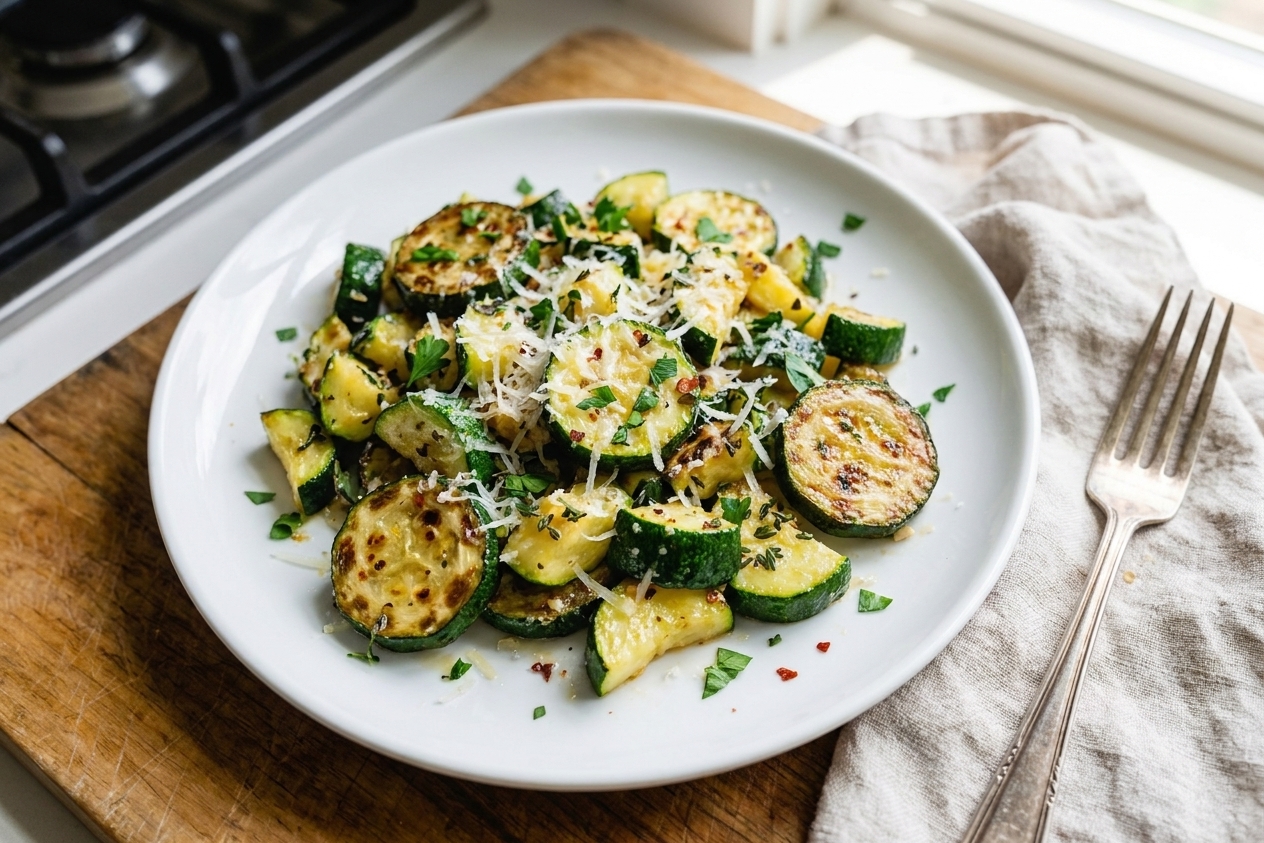 A white plate of sautéed zucchini topped with grated Parmesan and chopped herbs on a simple dinner table setting with a fork and linen napkin