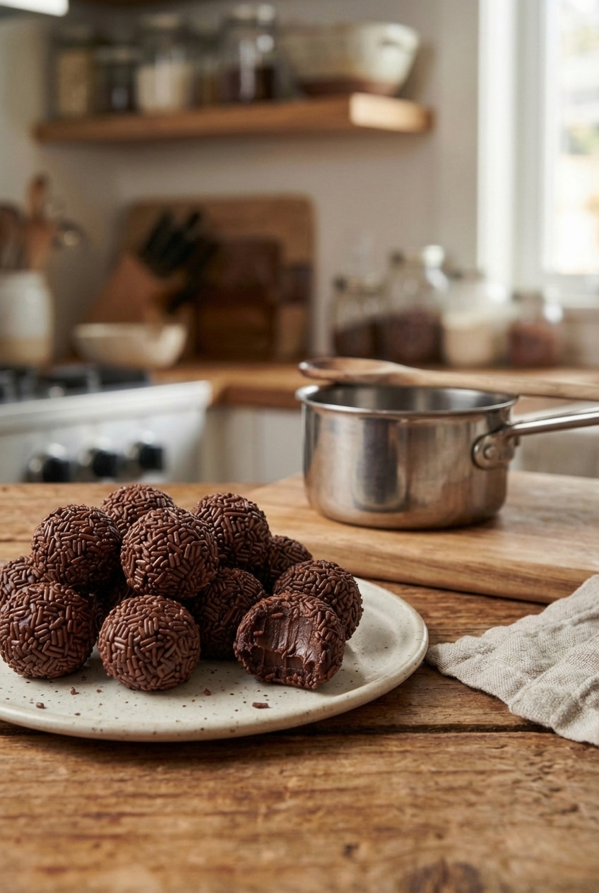 A white plate piled with chocolate brigadeiros rolled in chocolate sprinkles, with a small saucepan and wooden spoon in the background on a cozy kitchen counter