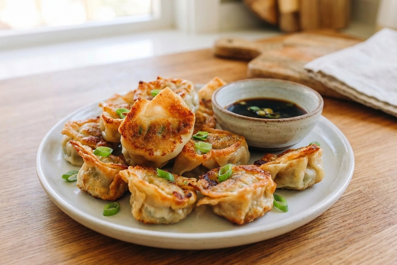 A white plate piled with golden-brown crispy pork wontons with crimped edges, a small bowl of soy-vinegar dipping sauce, and sliced scallions on a warm kitchen table