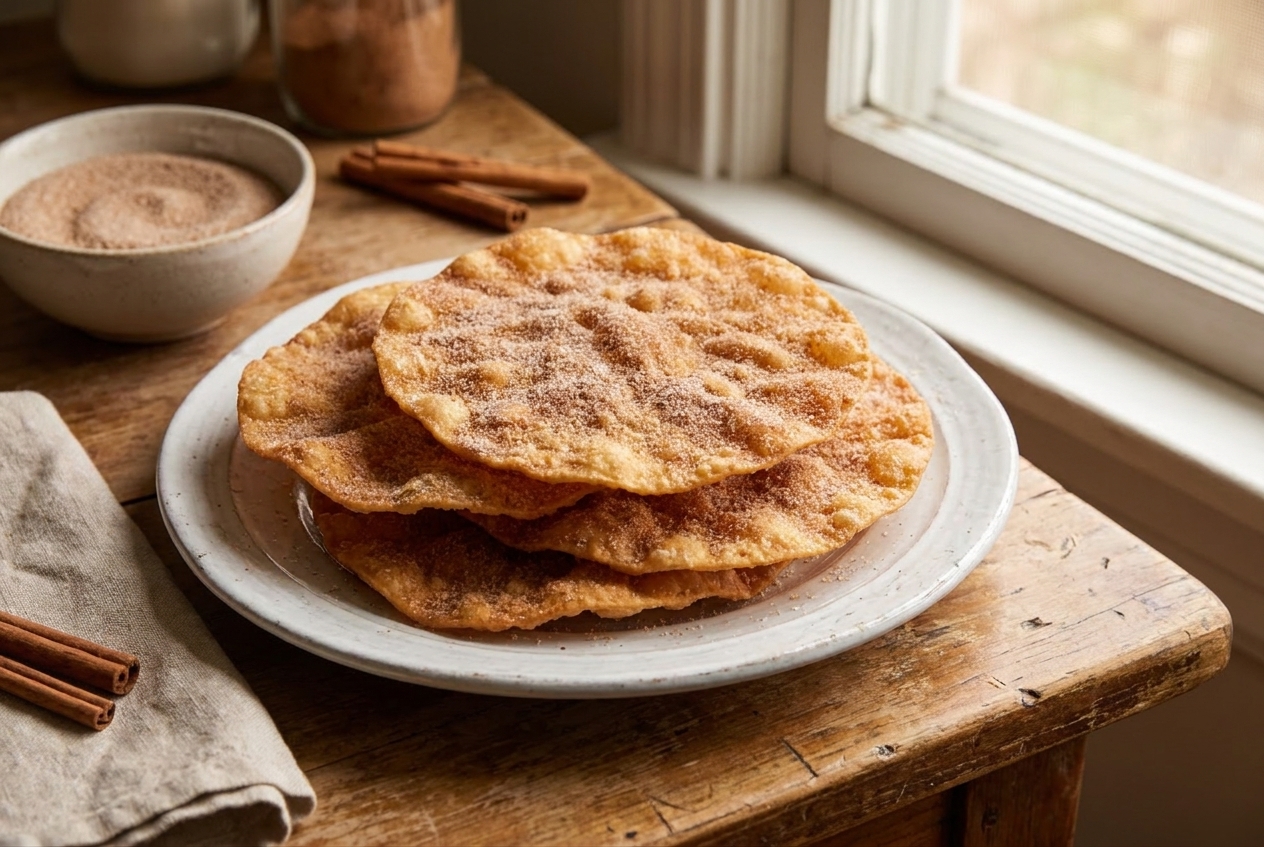 A white plate stacked with thin, crispy buñuelos dusted generously with cinnamon sugar on a warm-toned kitchen table with soft window light