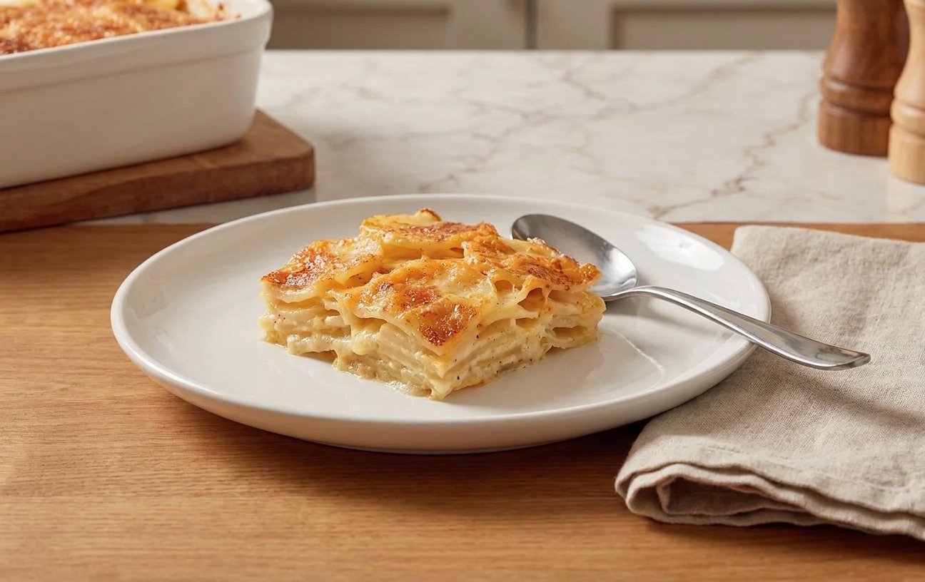 A white plate with a square portion of scalloped potatoes, golden on top, with a spoon and linen napkin on a simple dinner table