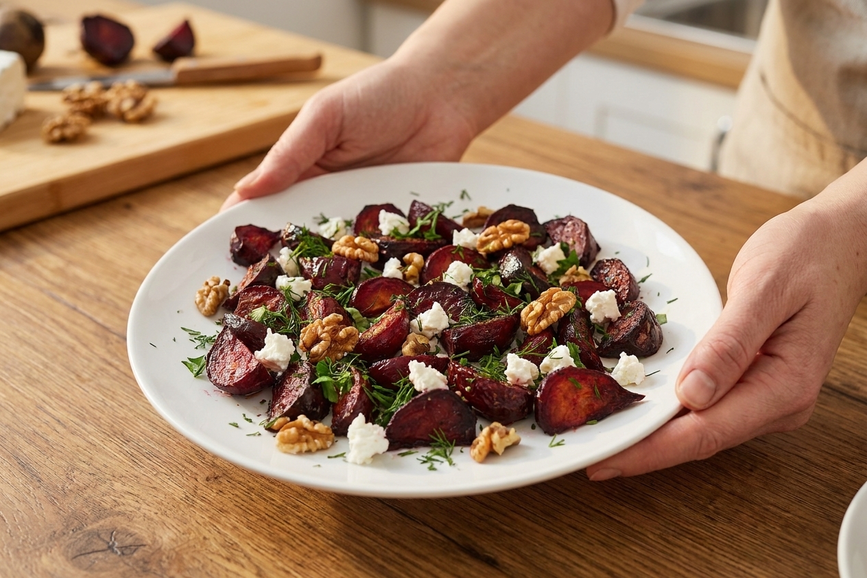 A white plate with roasted beetroot pieces topped with fresh herbs, crumbled goat cheese, and toasted walnuts on a dining table