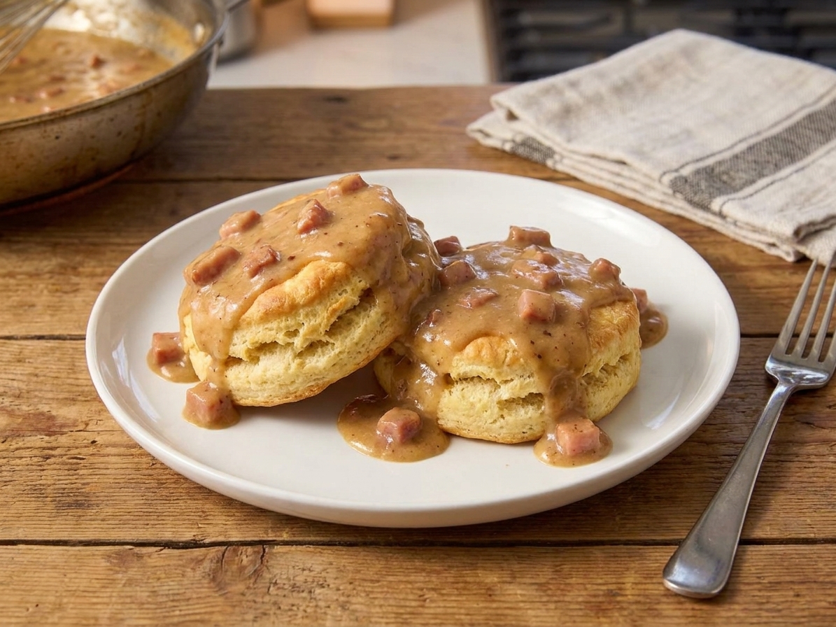 A white plate with split biscuits smothered in ham gravy on a wooden table with a fork nearby