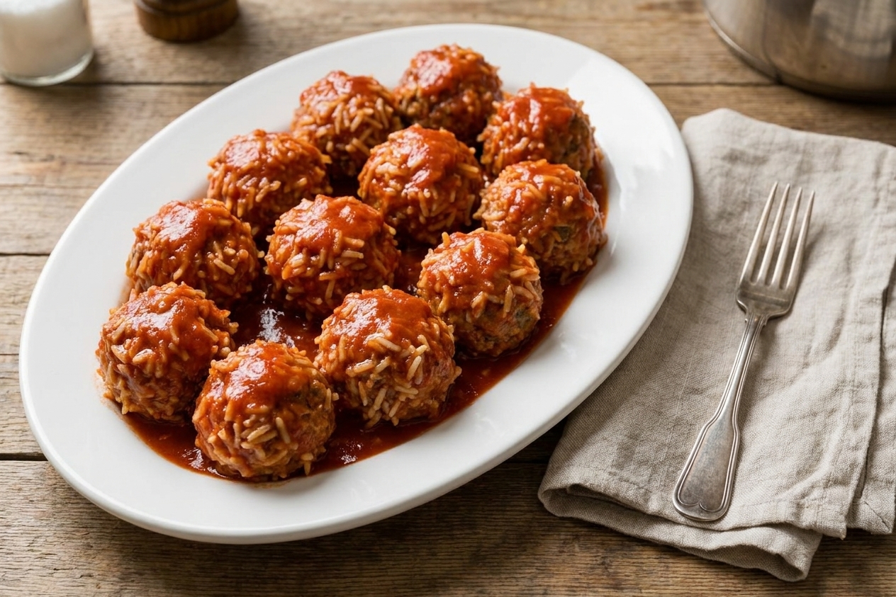 A white platter of porcupine meatballs with rice peeking out, coated in glossy tomato sauce, set on a wooden table with a simple linen napkin and fork