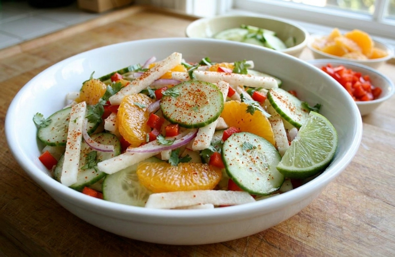 A white serving bowl filled with chili lime jicama salad with cucumber, mango, red onion, cilantro, and a lime wedge on a bright kitchen counter