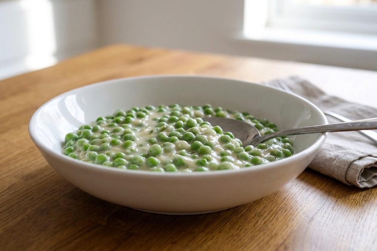 A white serving bowl filled with creamed peas in a glossy, pale cream sauce on a wooden table with a spoon beside it
