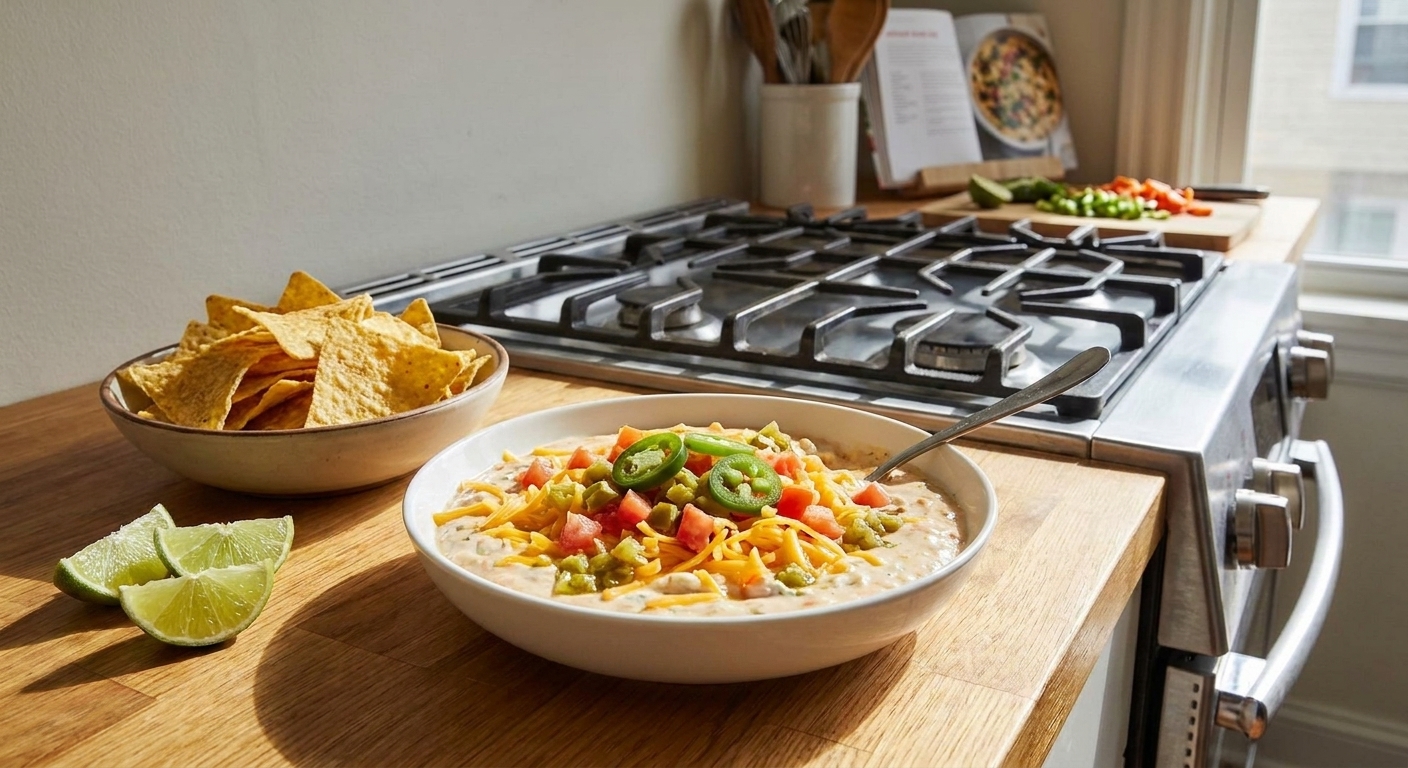 A white serving bowl filled with creamy boat dip topped with shredded cheddar, diced tomatoes and green chiles, and sliced jalapeños on a bright kitchen counter with tortilla chips and lime wedges