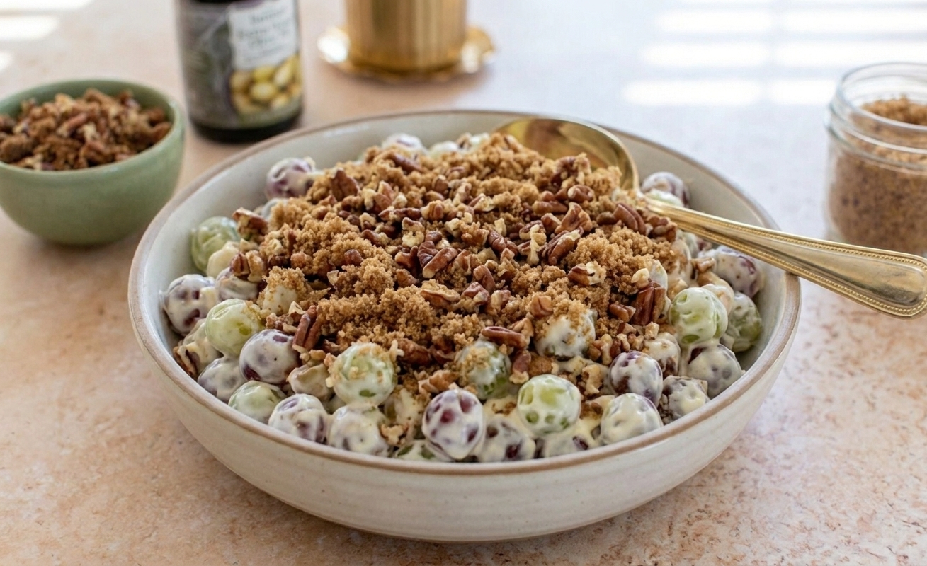 A white serving bowl filled with creamy grape salad made with red and green grapes, topped with a layer of brown sugar and chopped pecans on a bright kitchen counter
