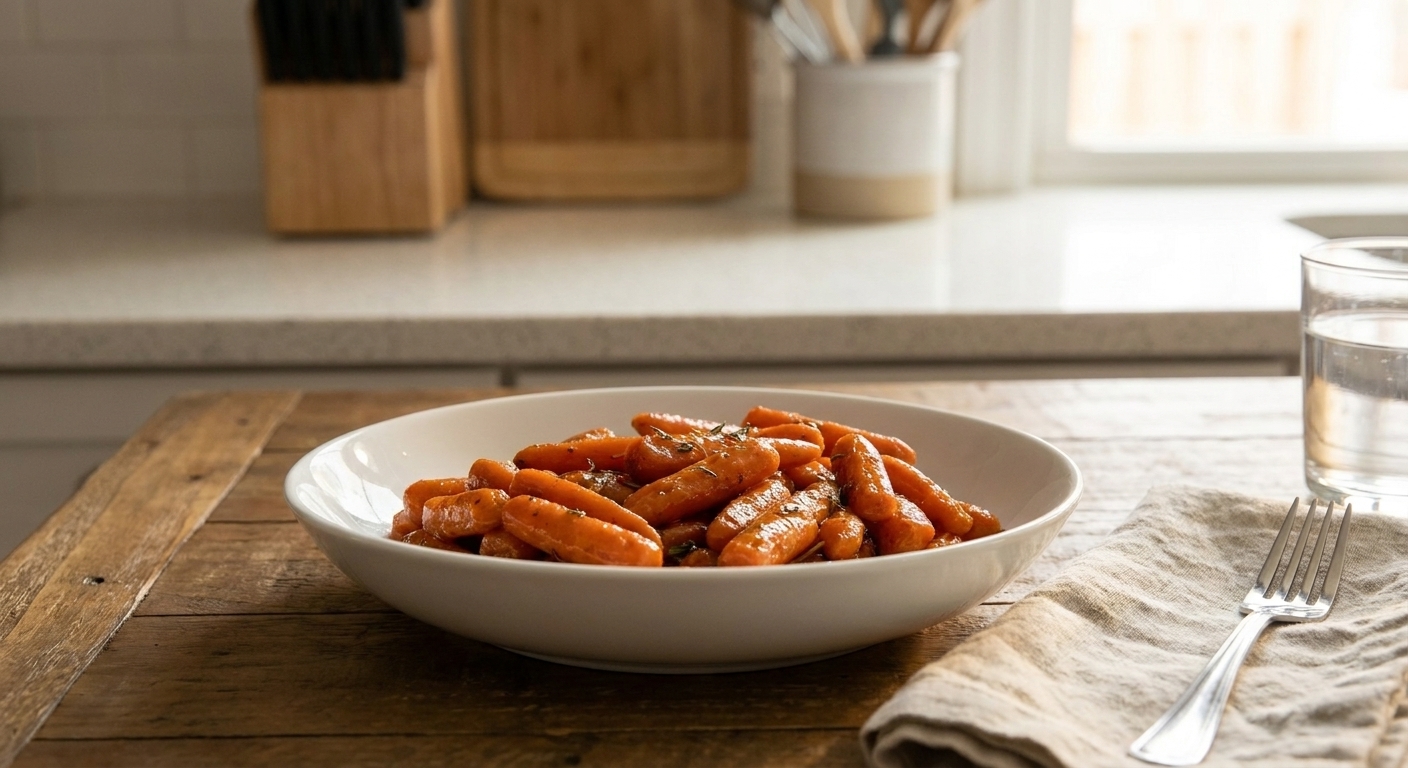 A white serving bowl filled with glossy candied carrots on a simple dinner table setting with a linen napkin and warm lighting