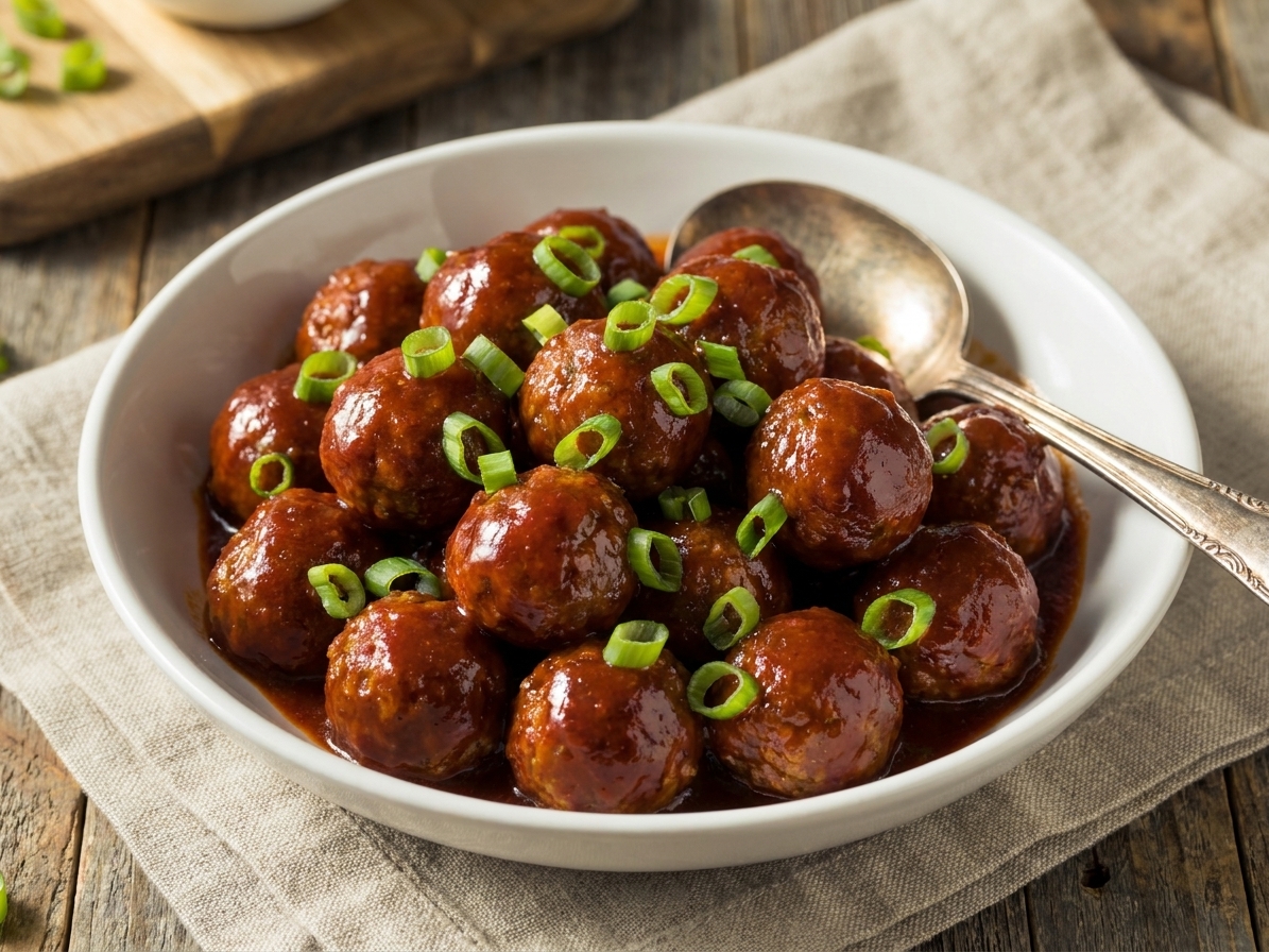 A white serving bowl filled with glossy cocktail meatballs in a deep reddish brown sauce, garnished with sliced green onions on a neutral linen table setting