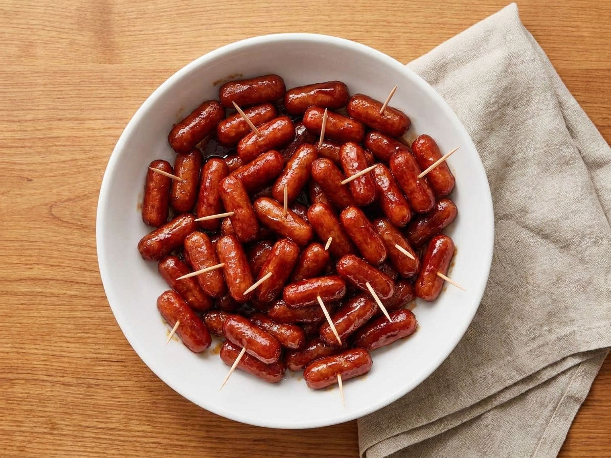 A white serving bowl filled with glossy little smokies coated in a deep mahogany sauce, toothpicks tucked in, set on a warm kitchen table with a neutral linen napkin