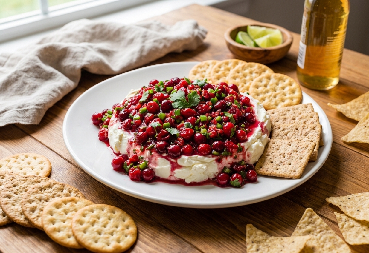A white serving plate with softened cream cheese topped with cranberry salsa, surrounded by crackers on a wooden table set for a casual gathering