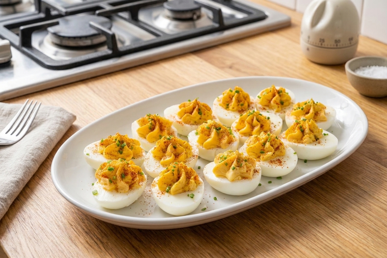 A white serving platter filled with classic deviled eggs topped with a light sprinkle of paprika on a neutral kitchen table