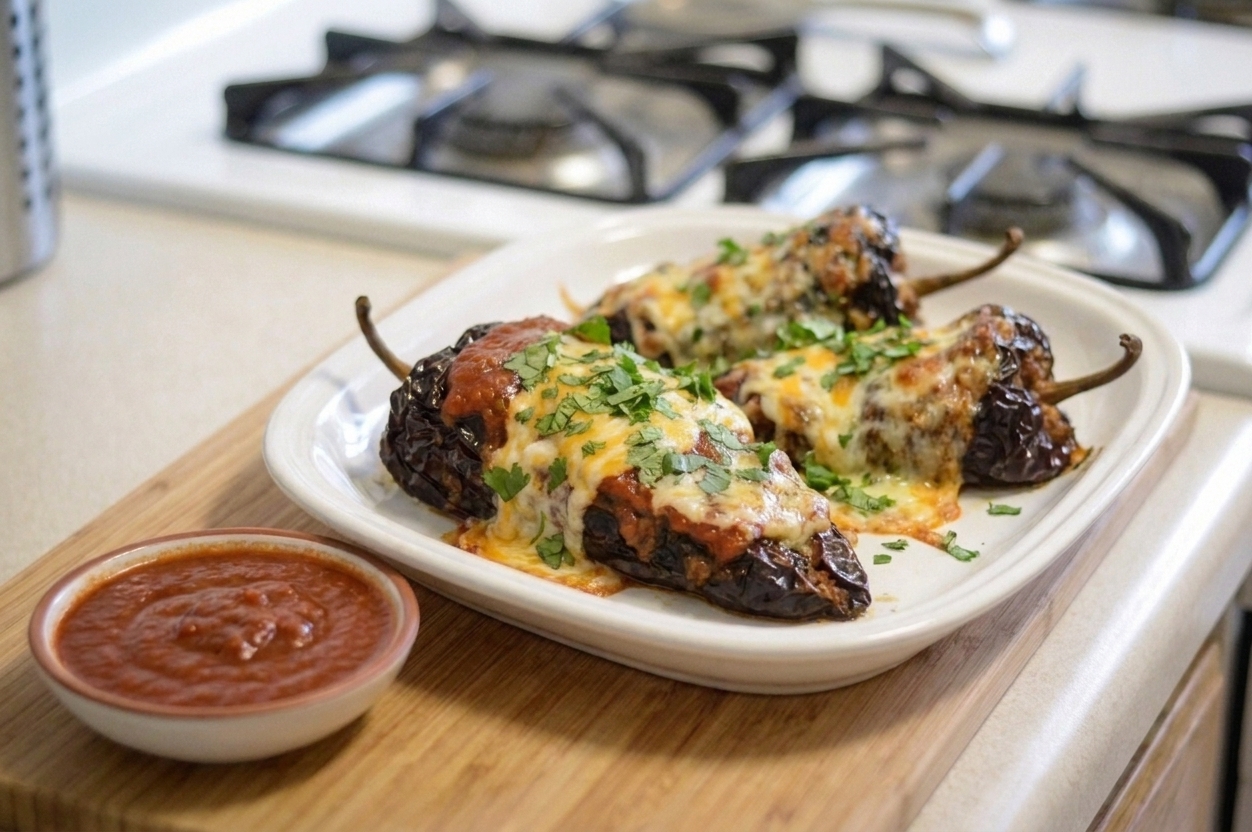 A white serving platter holding baked stuffed ancho chiles topped with melted cheese and chopped cilantro, with a small bowl of tomato sauce on a warm kitchen table