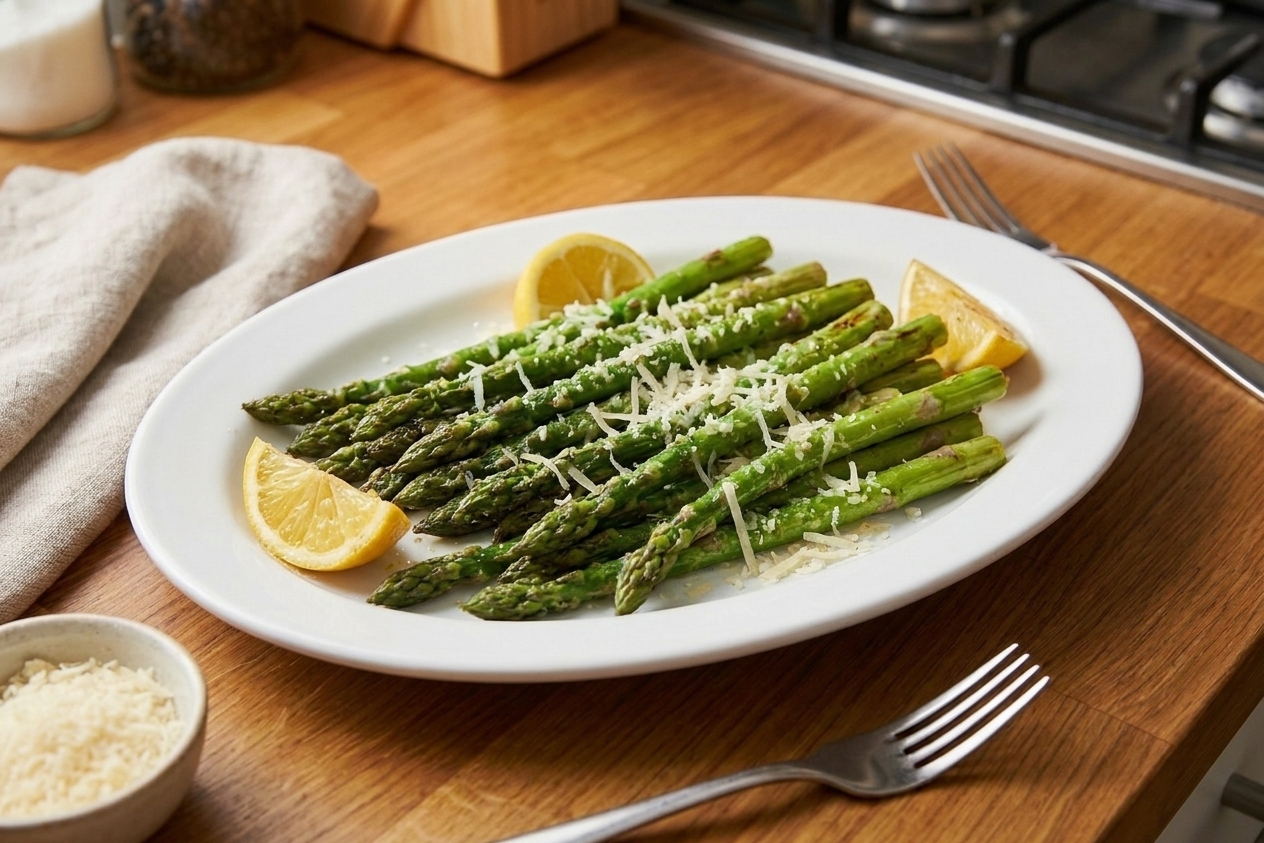 A white serving platter of sautéed asparagus finished with grated Parmesan and lemon wedges on a simple dinner table setting