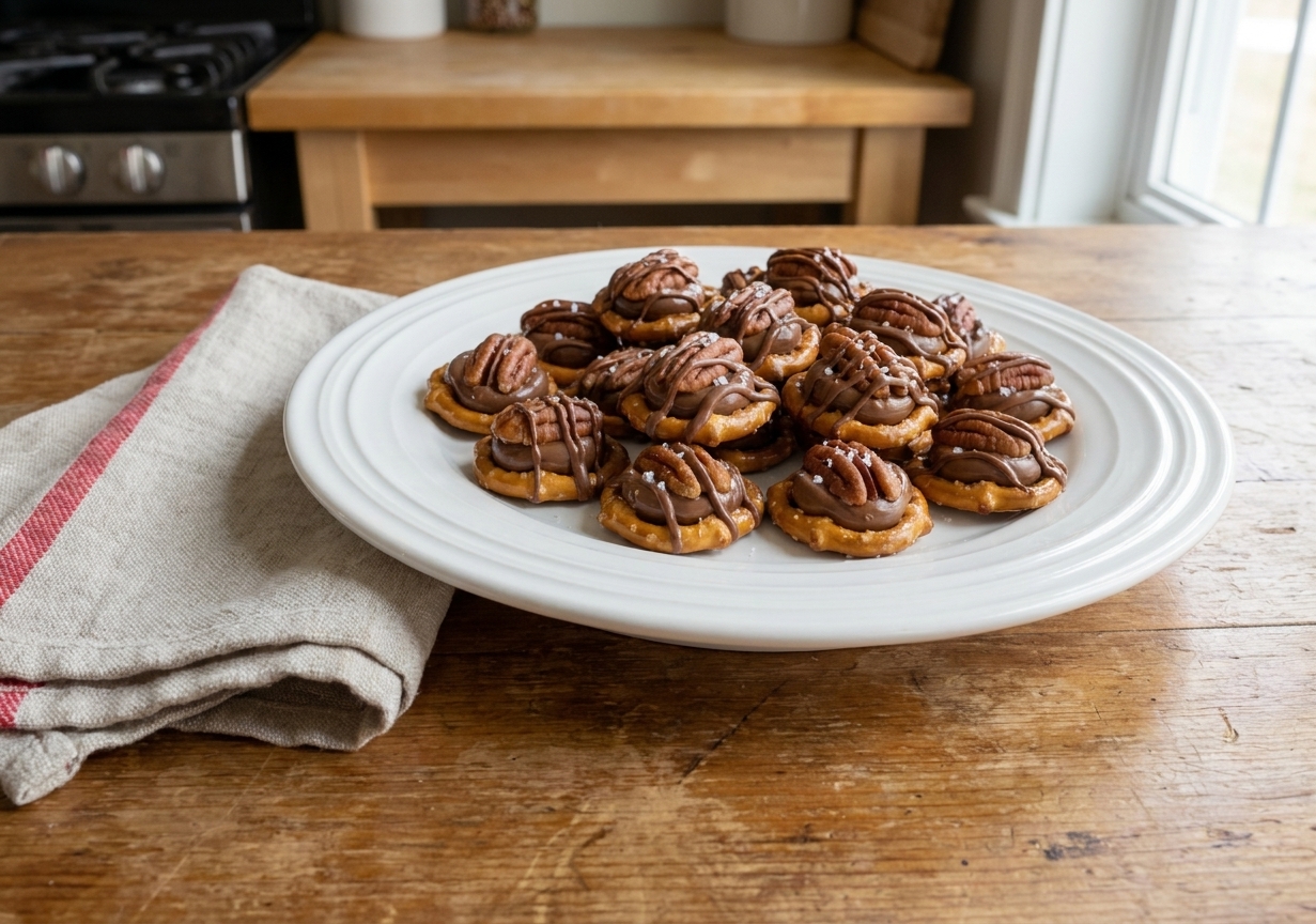 A white serving platter piled with finished pretzel Rolo bites topped with pecans, set on a cozy kitchen table with a neutral linen napkin
