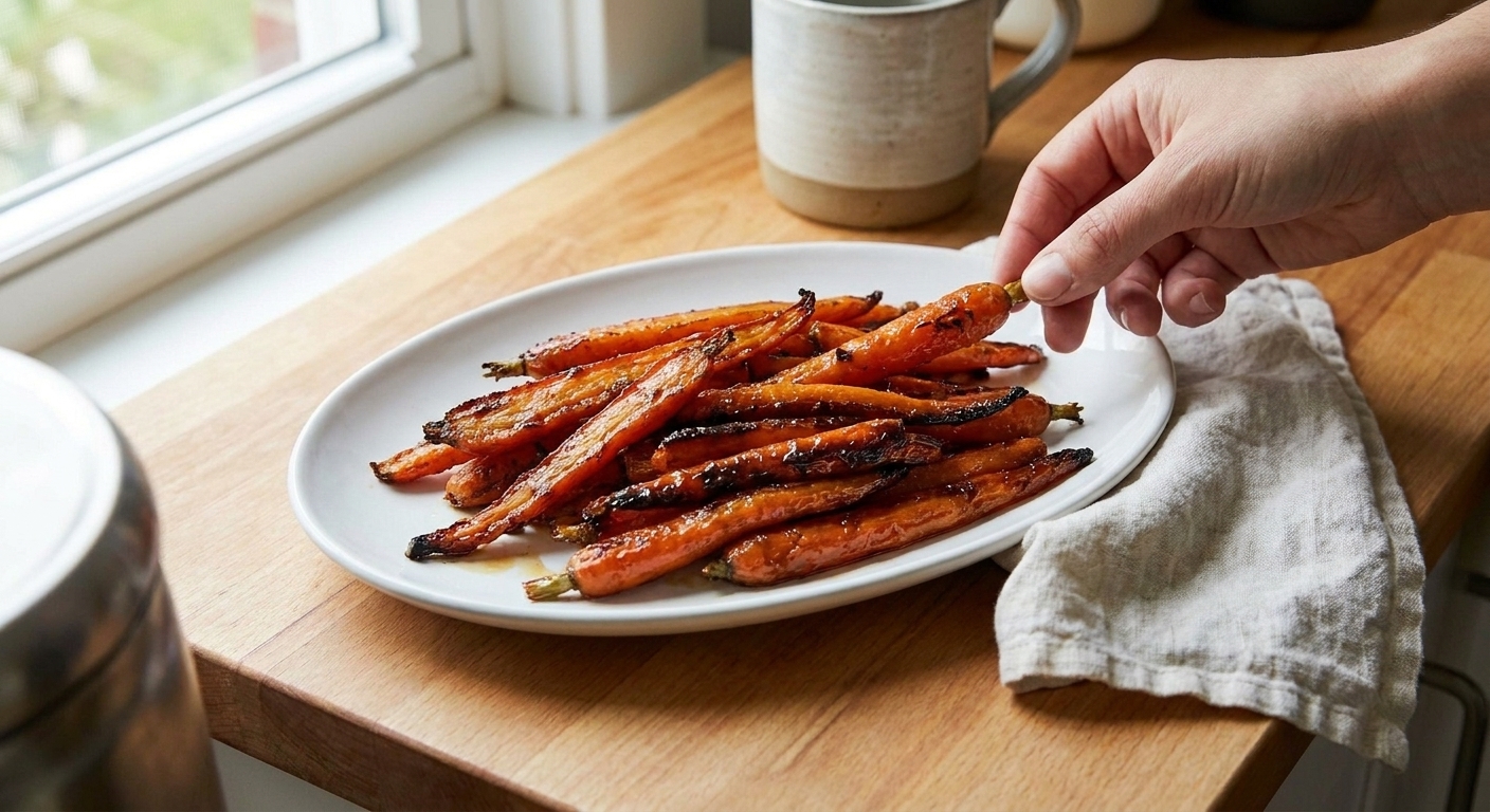 A white serving platter piled with glossy brown sugar baked carrots, caramelized at the edges, on a warm kitchen table with a linen napkin
